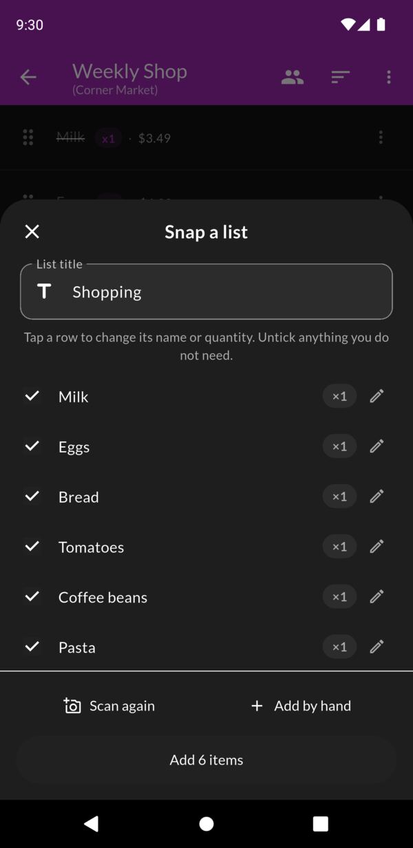 Snapping a list into the app: six items read off a photo, each with a quantity, ready to add in one tap.