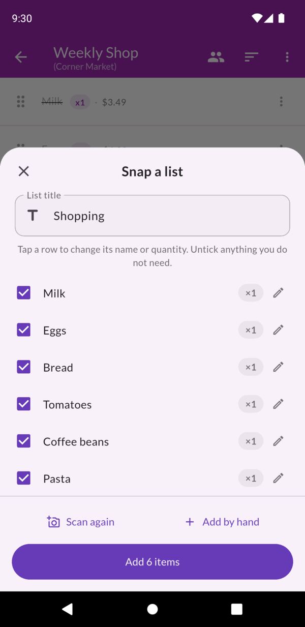 Snapping a list into the app: six items read off a photo, each with a quantity, ready to add in one tap.