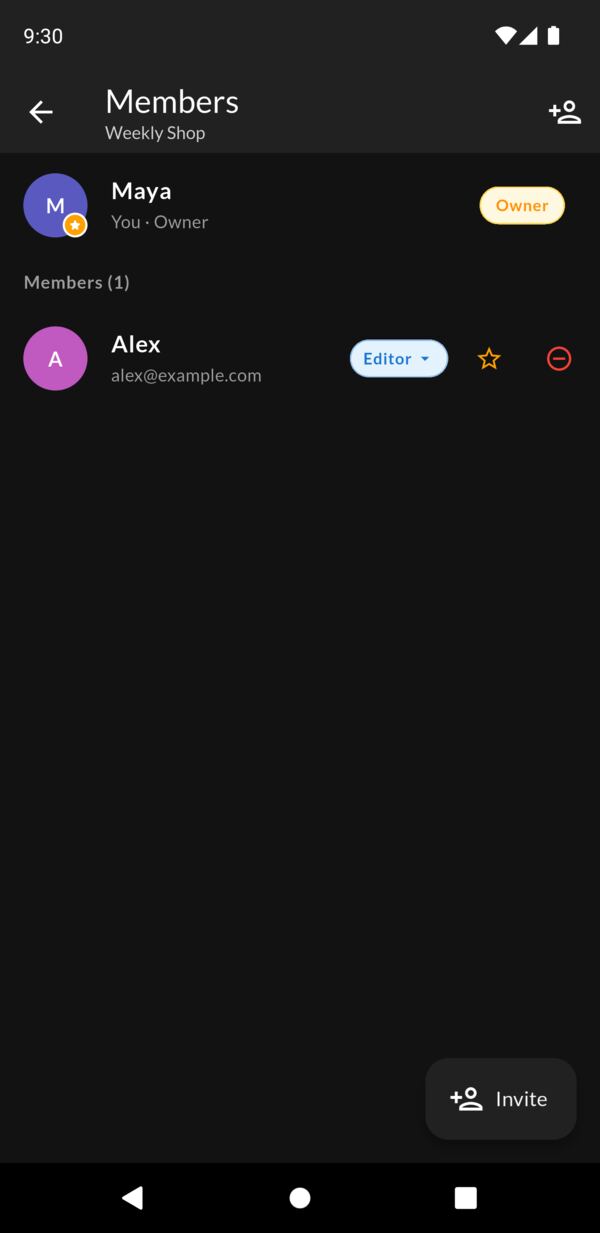 The members screen for a shared list: the owner and one editor, each with their role, and an Invite button.
