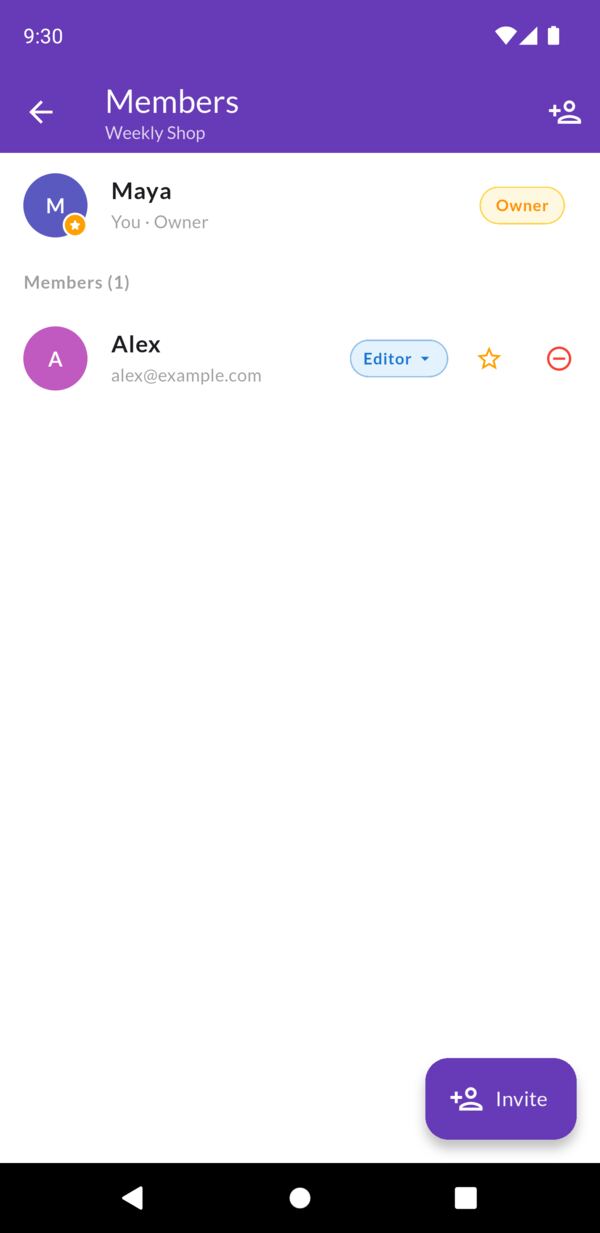 The members screen for a shared list: the owner and one editor, each with their role, and an Invite button.