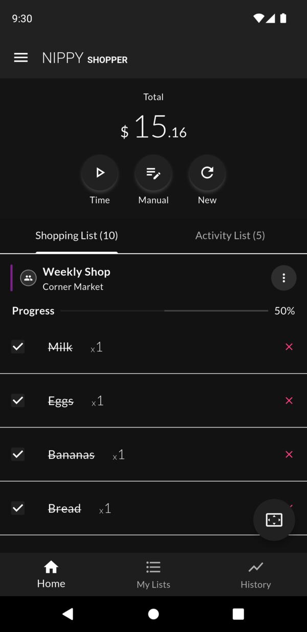 Nippy Shopper mid-shop on Android: a weekly shop half ticked off, with a running total of $15.16 across the top.