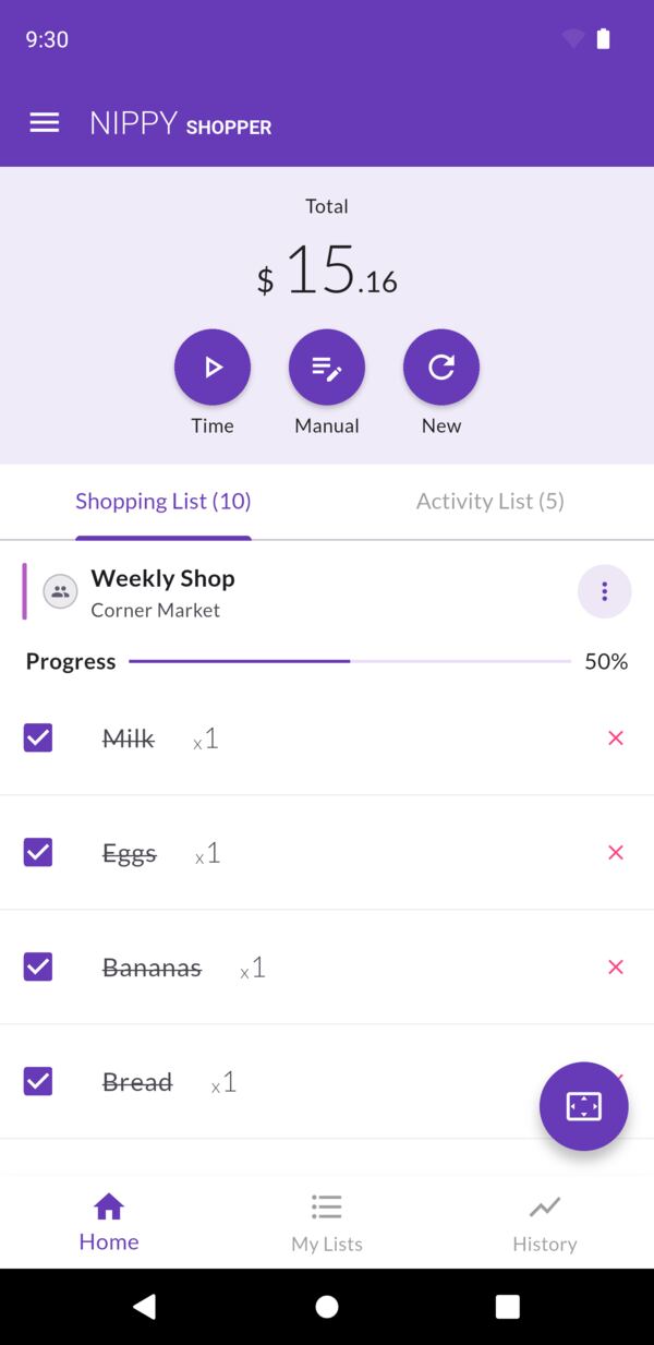 Nippy Shopper mid-shop on Android: a weekly shop half ticked off, with a running total of $15.16 across the top.